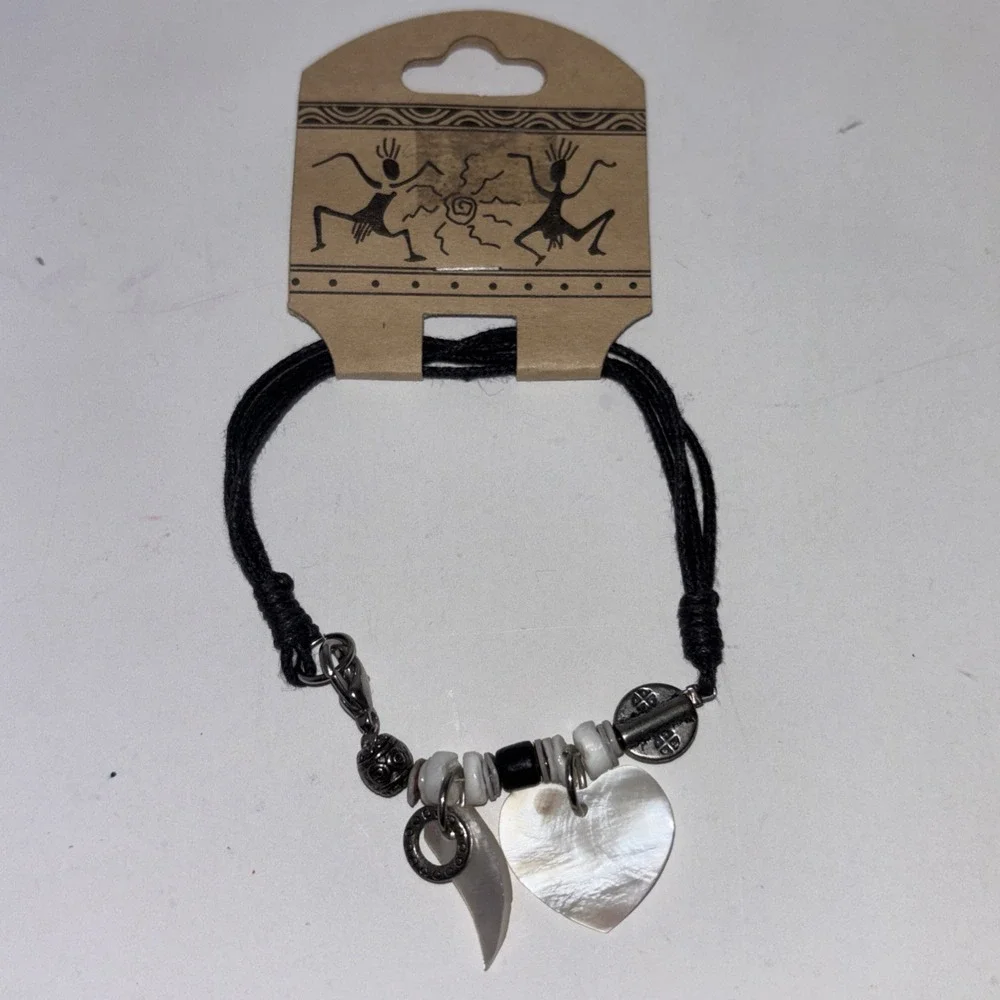 Faux Black Leather Bracelet Charms Ivory Heart Feather Hand Made In Philippines